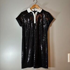 Ann Taylor Petite 10P Black Sequin Shift Dress White Contrast Collar Mini Party